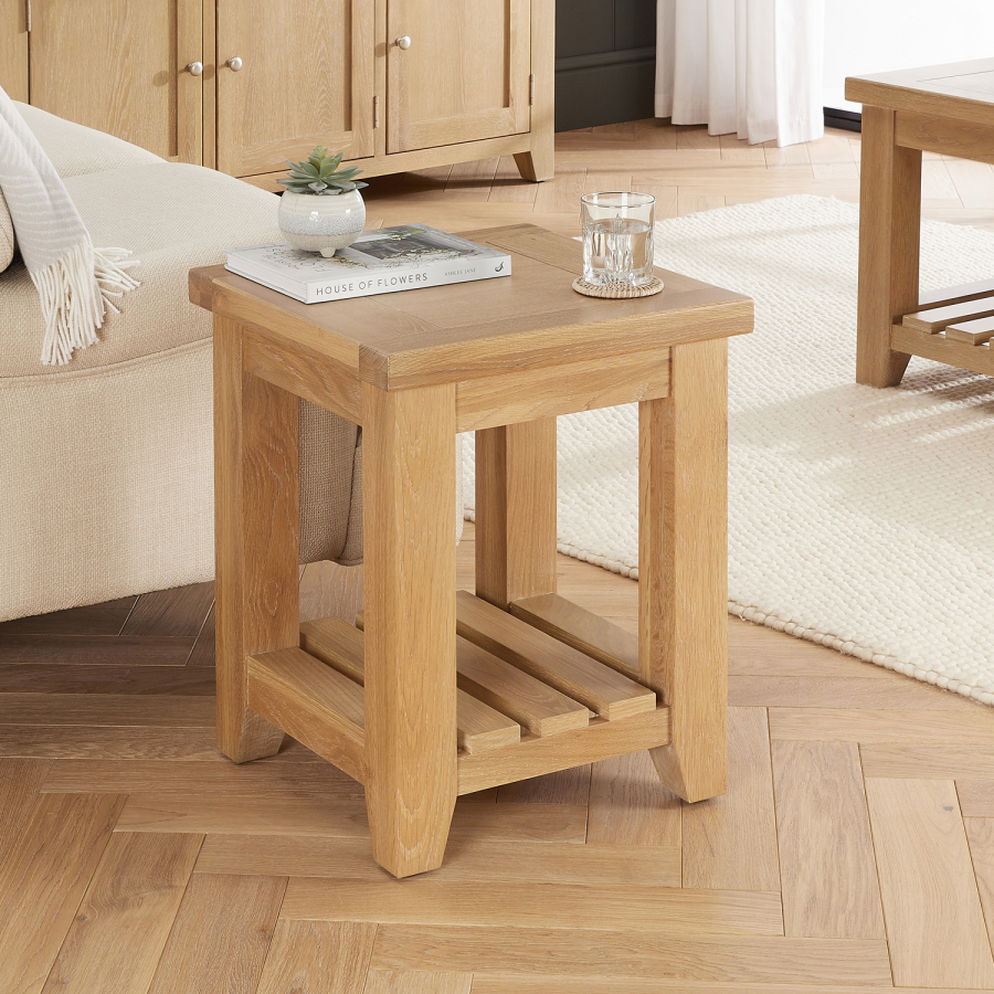 Cheshire Whitewash Oak Side Lamp Table with Slatted Shelf