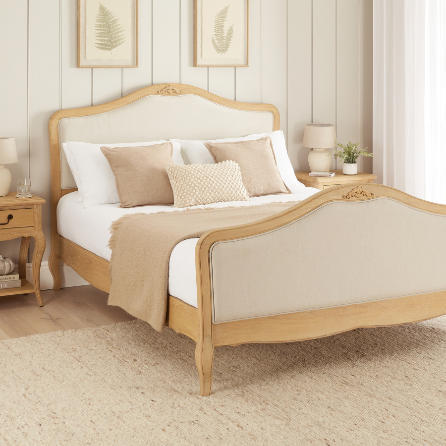 French Chateau Oak 5ft King Size Bed with Natural Linen Fabric