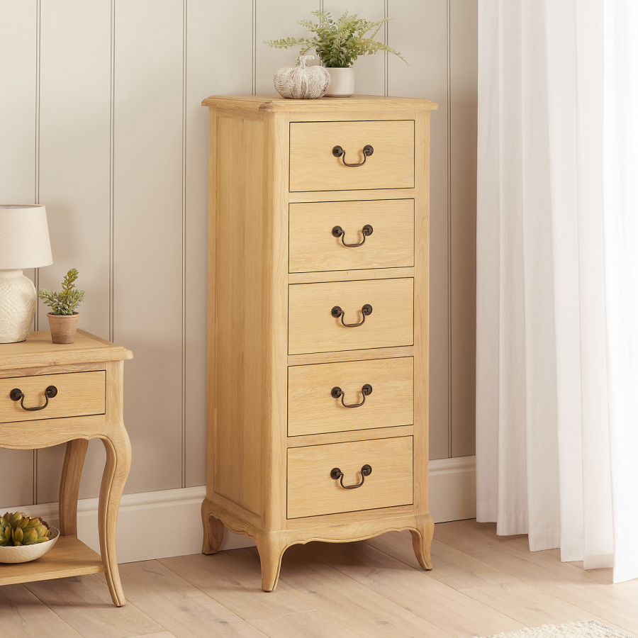 French Chateau Oak 5 Drawer Tallboy Chest of Drawers