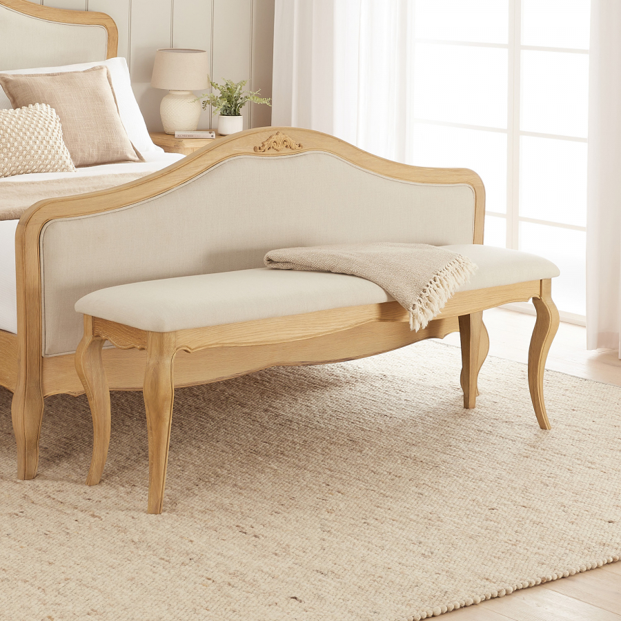 French Chateau Oak Large Bench with Natural Linen Fabric Seat