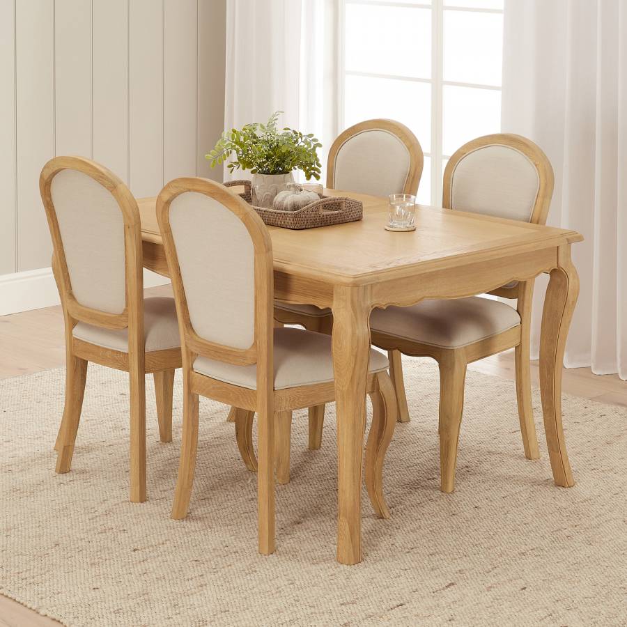 French Chateau Oak Extending Dining Table & 4 qty Linen Fabric Dining Chair Set