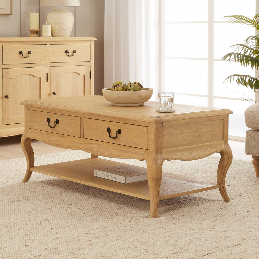 French Chateau Oak 2 Drawer Coffee Table with Shelf