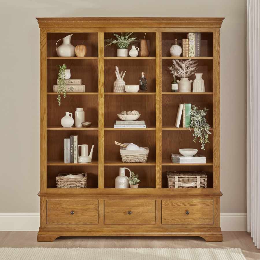 French Louis Oak Extra Large Grand Library Bookcase with 3 Drawers