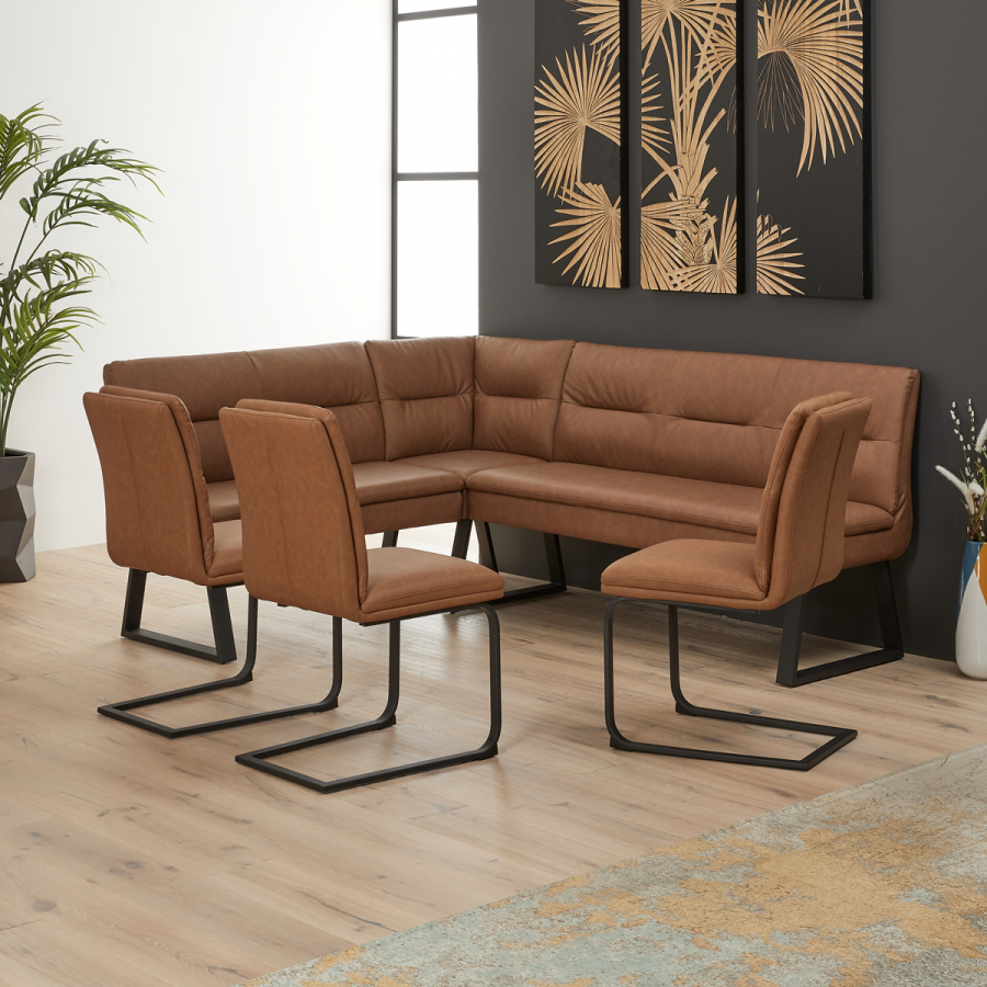 Bronx Industrial Corner Dining Bench and 3 Chairs Set – Tan Brown Faux Leather