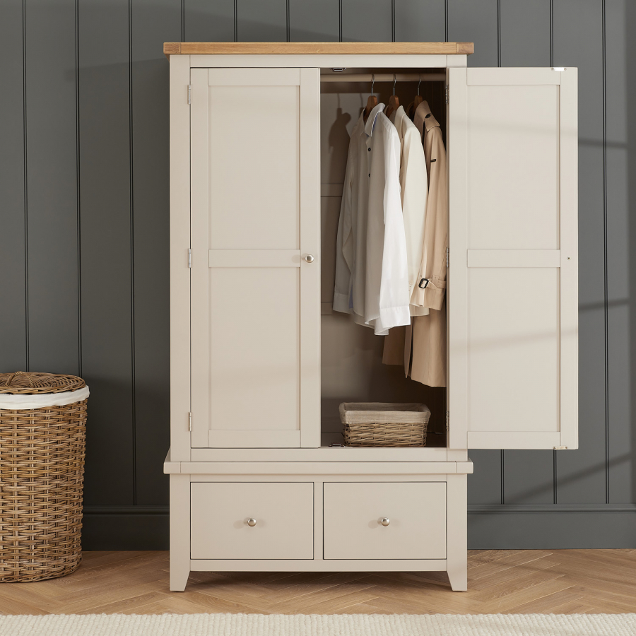 Cheshire Dove Grey Painted Double 2 Door Wardrobe with 2 Drawers