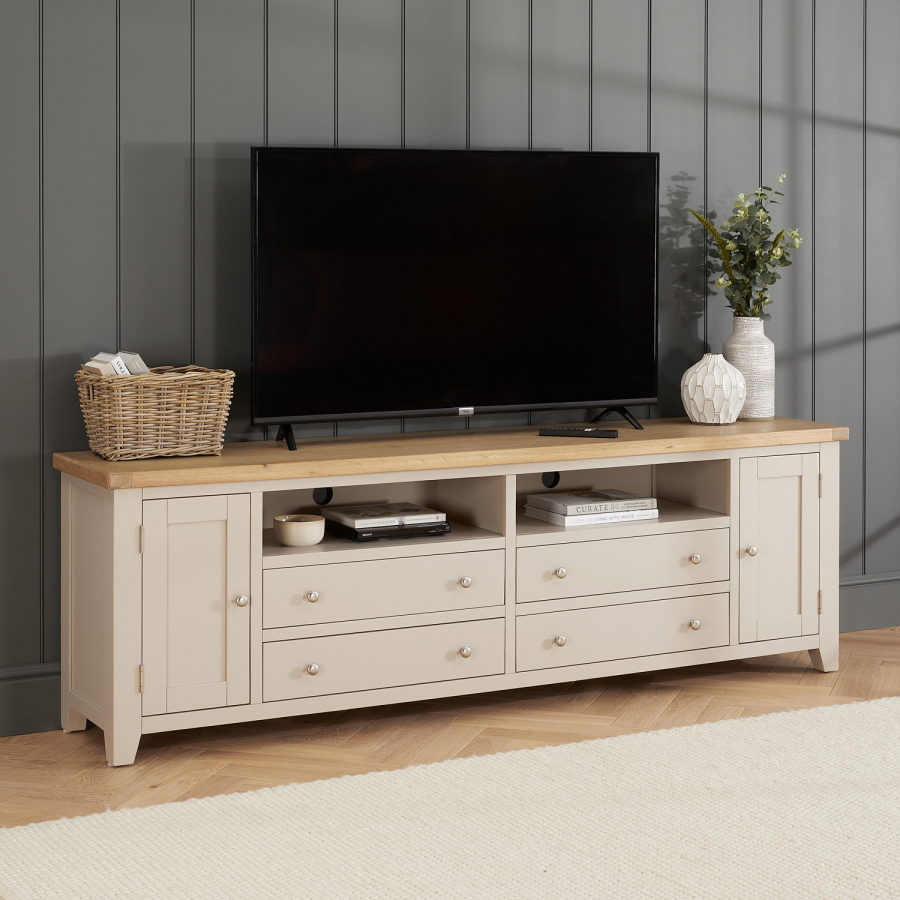 Cheshire Dove Grey Painted XXL Widescreen TV Unit Stand – Up to 100” TV Size 