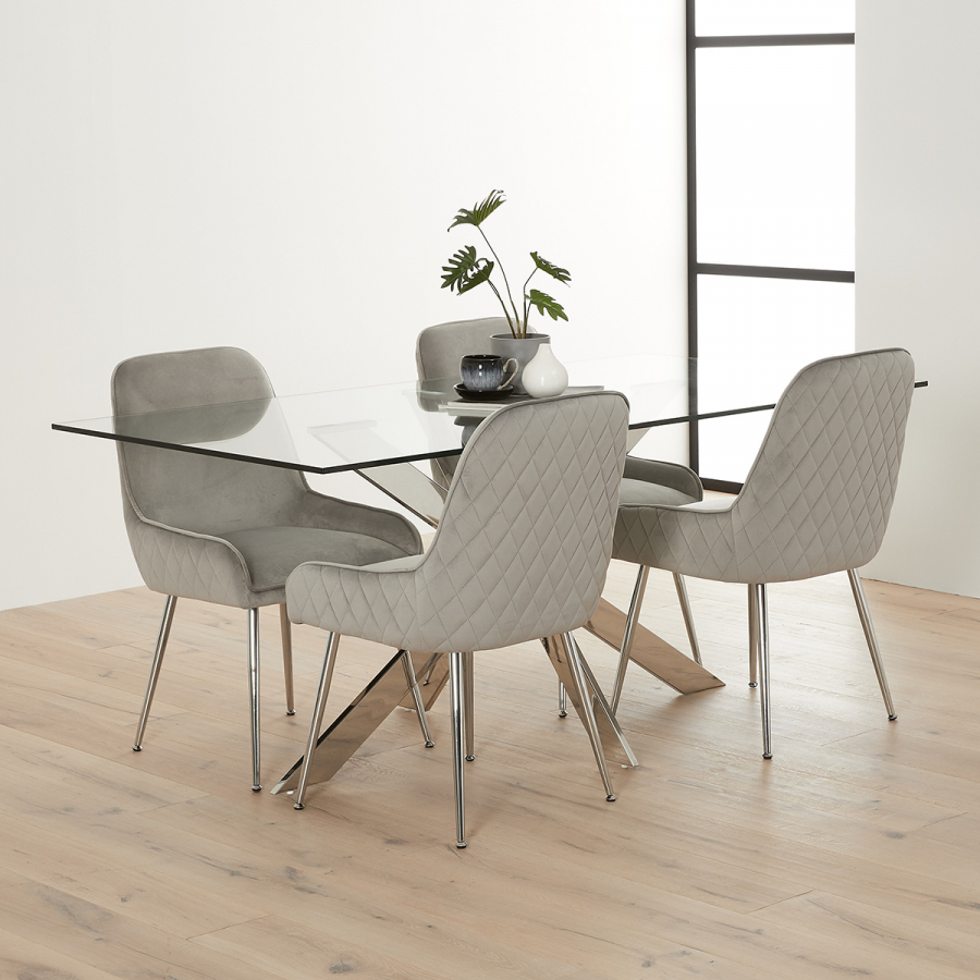 Geo Glass Dining Table with Chrome Legs and 4 Savoy Grey Velvet Chairs