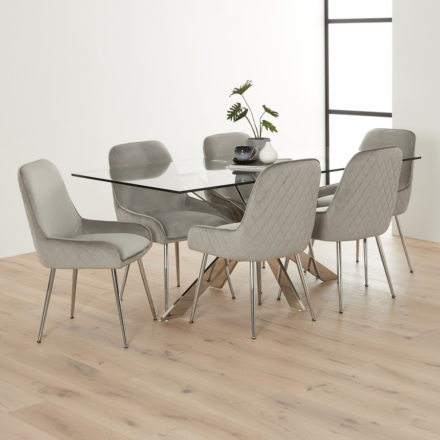 Geo Glass Dining Table with Chrome Legs and 6 Savoy Grey Velvet Chairs