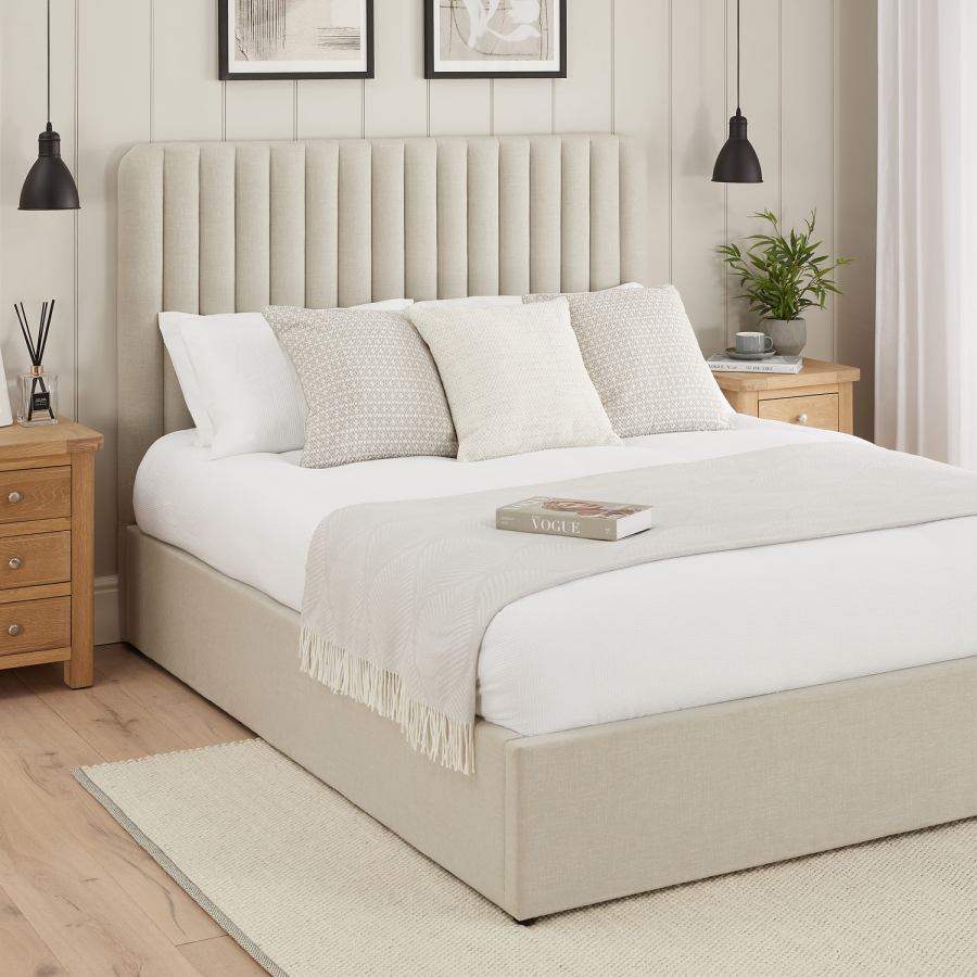 Savoy Fluted 5ft King Size Storage Ottoman Bed - Natural Linen Fabric