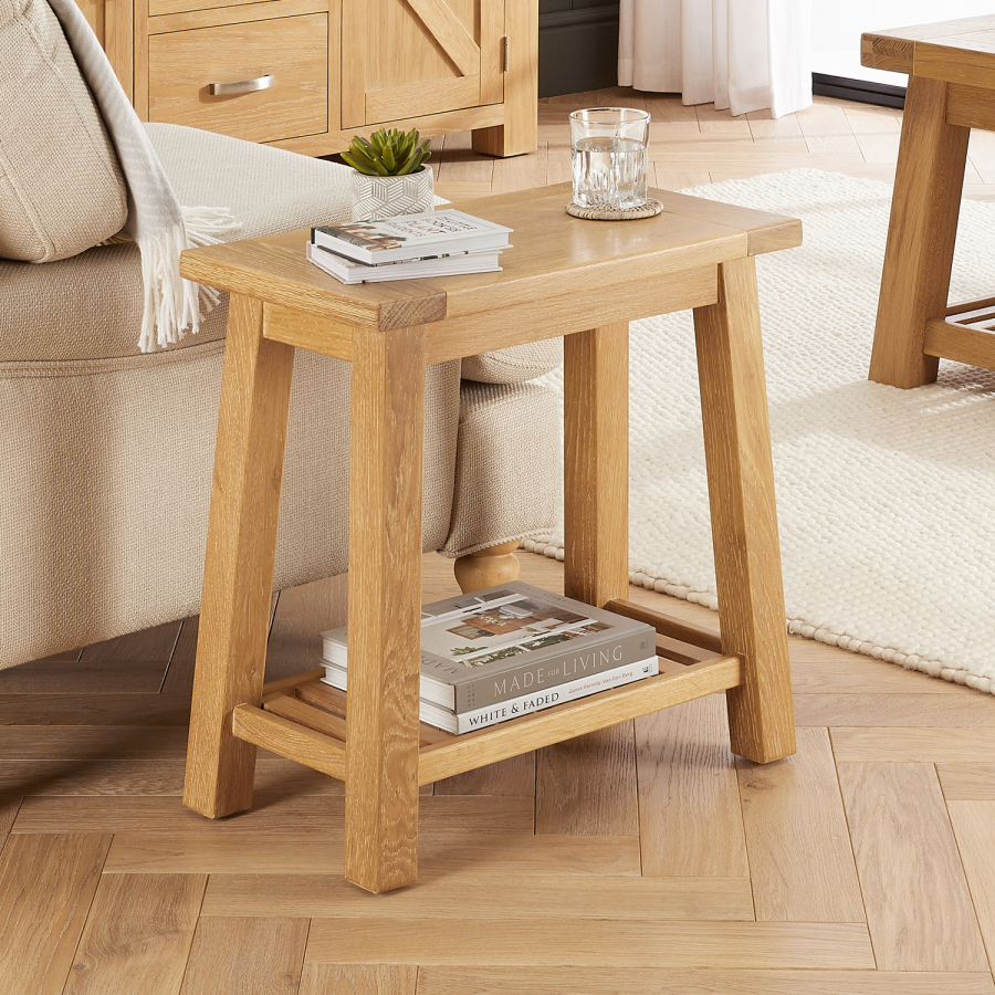 Marbury Classic Oak Trestle Sofa Side Lamp Table