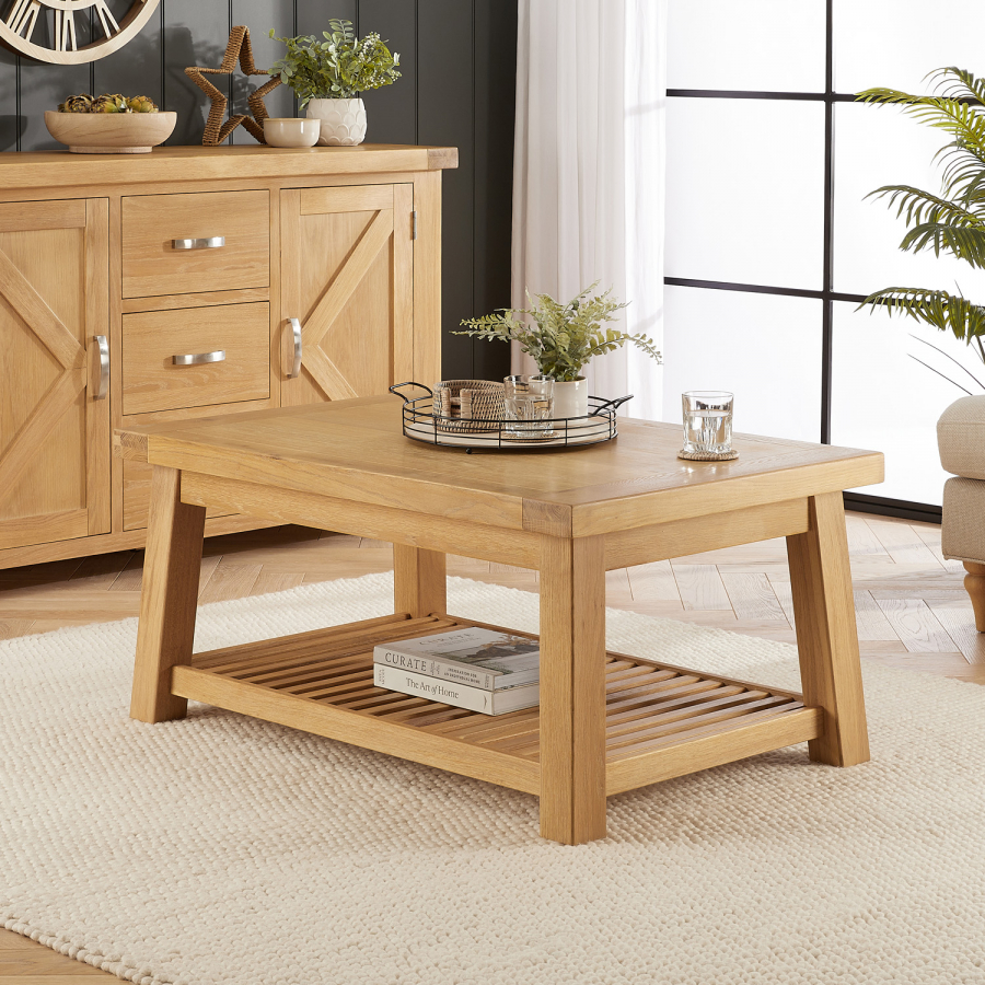 Marbury Classic Oak Trestle Coffee Table with Slatted Shelf