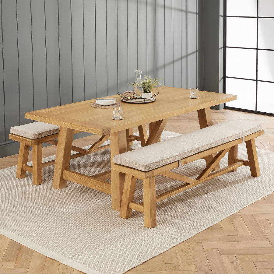 Marbury Classic Oak 2m Trestle Dining Table and 2 Trestle Benches with Cushions
