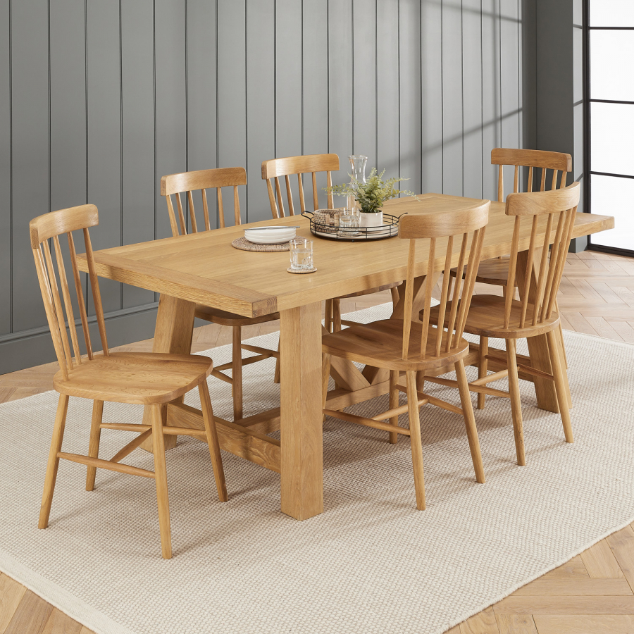 Marbury Classic Oak 2m Trestle Dining Table and 6 Oak Spindle Back Dining Chair Set