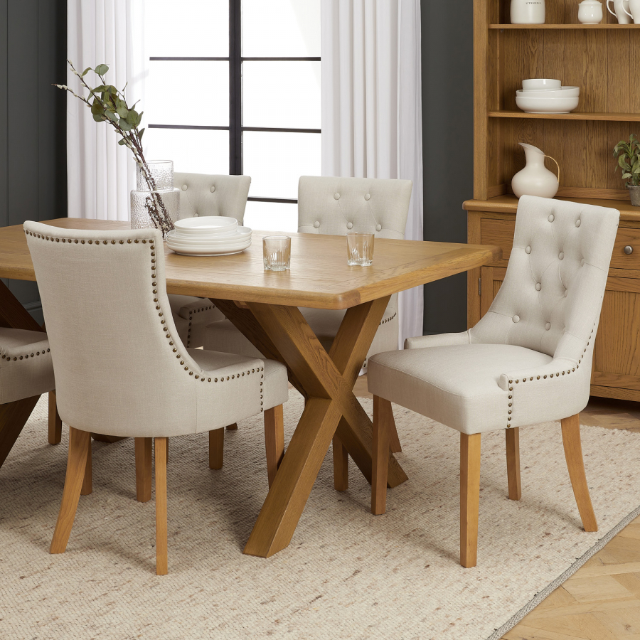 Cotswold Rustic Smoked Oak 2.2m Dining Table with Scoop Linen Dining ...