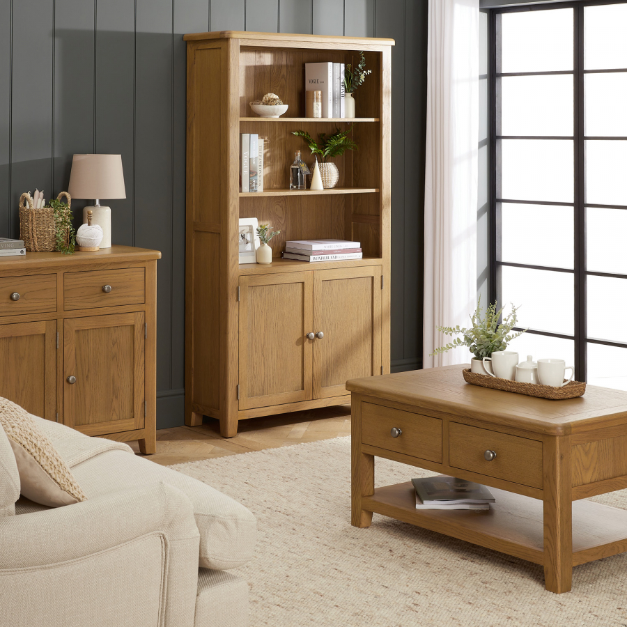 Cotswold Rustic Smoked Oak Tall Wide Bookcase with 2 Door Cupboard ...