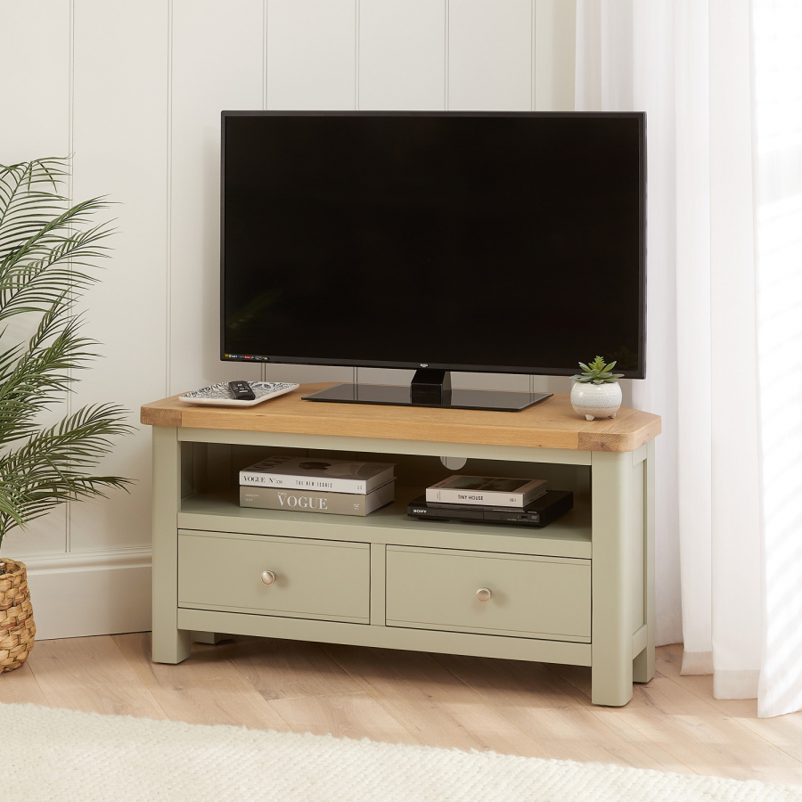 Marbury Sage Green Painted Corner TV Unit Stand – Up to 46” Widescreen TV Size