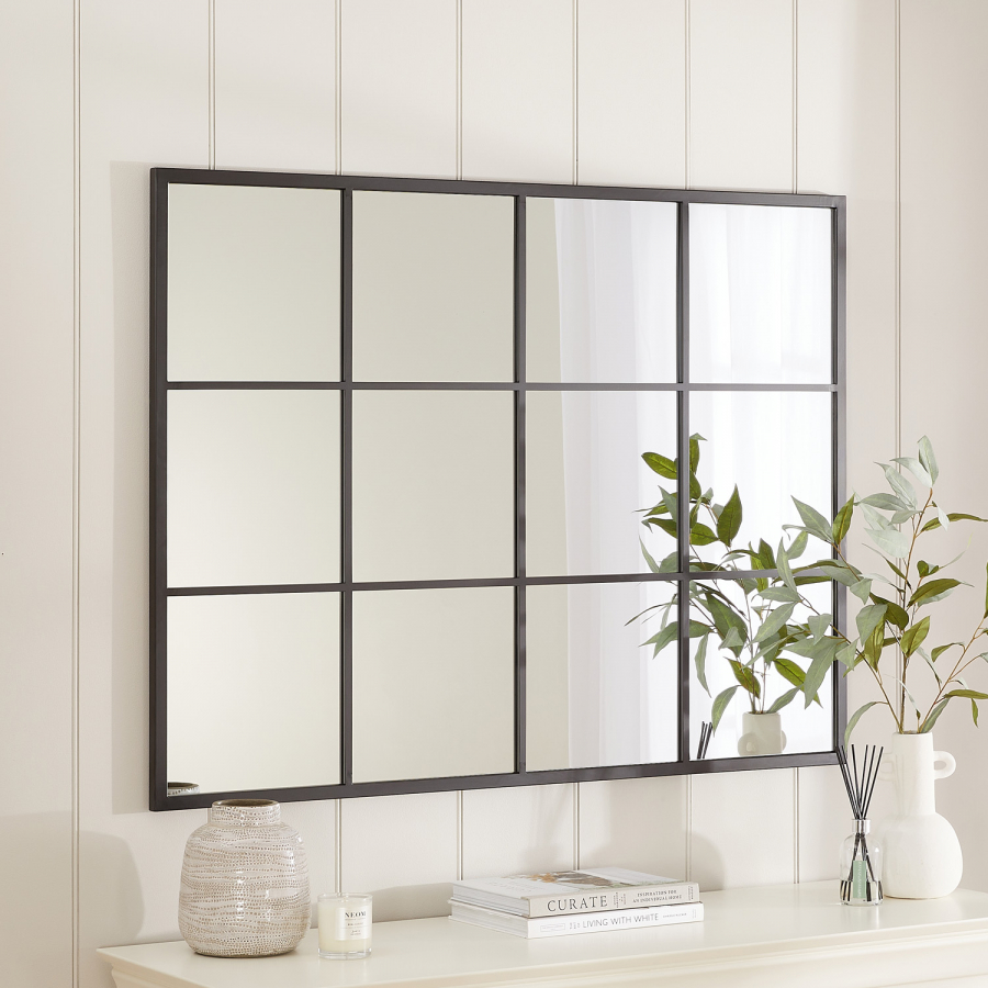 Industrial Large Rectangle Black Metal Window Wall Mirror – 120cm x 90cm