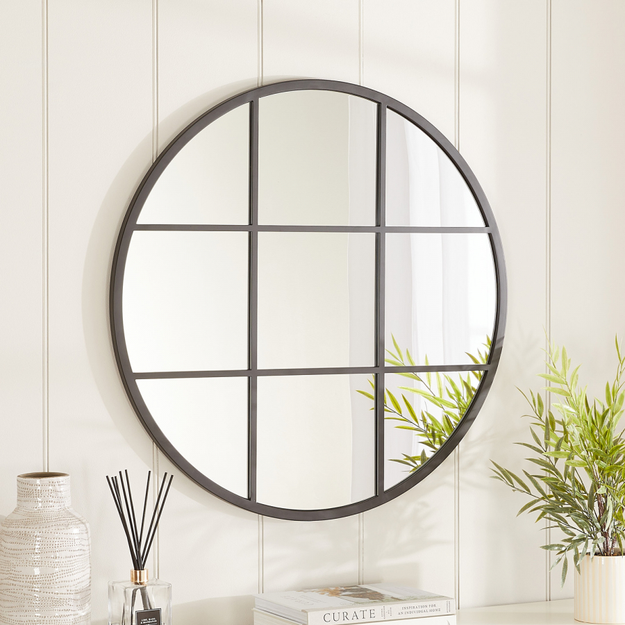 Industrial Medium Round Black Metal Window Wall Mirror – Dia 80cm