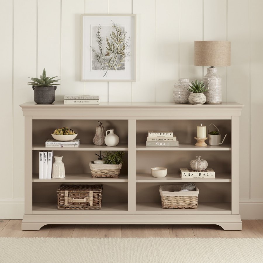Wilmslow Dove Grey Painted Wide Low Double Bookcase