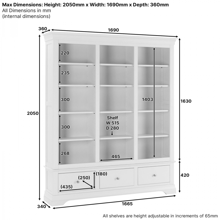 Wilmslow White Painted Extra Large Grand Library Bookcase with 3 ...