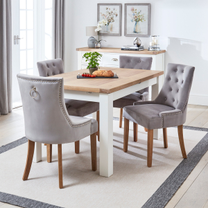 Cheshire White Painted Extending Dining Table + 4 Grey Velvet Scoop Chairs