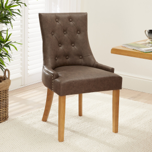 Luxury Vintage Brown Faux Leather Scoop Dining Chair with Oak Legs