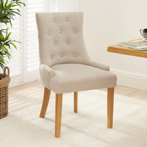 Luxury Natural Oatmeal Fabric Scoop Back Dining Chair with Oak Legs