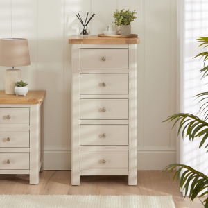 Marbury Putty Grey Painted 5 Drawer Tallboy Narrow Chest