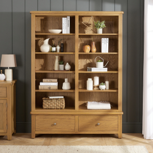 Cotswold Rustic Smoked Oak Extra Large Grand Double Library Bookcase with 2 Drawers
