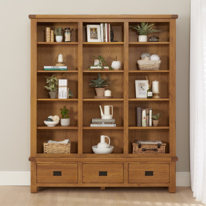 Rustic Oak Extra Large Grand Library Bookcase with 3 Drawers