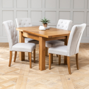Solid Oak Small Extending Table 4 x Oatmeal Fabric Chairs