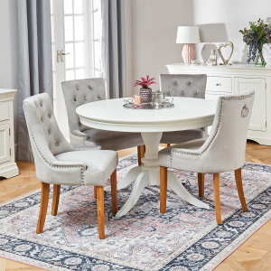Wilmslow White Round Dining Table with 4 Light Grey Velvet Chairs