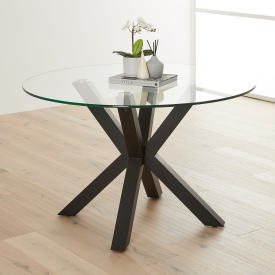 Starburst 120cm Round Glass Dining Table with Black Legs – 4 Seater