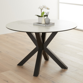 Starburst 120cm Round White Ceramic Dining Table with Black Legs – 4 Seater