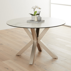 Starburst 120cm Round White Ceramic Dining Table with Satin Legs – 4 Seater
