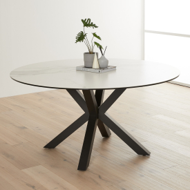 Starburst 150cm Round White Ceramic Dining Table with Black Legs – 6 Seater