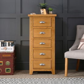 Cheshire Oak 5 Drawer Tallboy Wellington Chest of Drawers