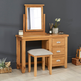 Cheshire Oak Pedestal Dressing Table Set with Mirror & Stool