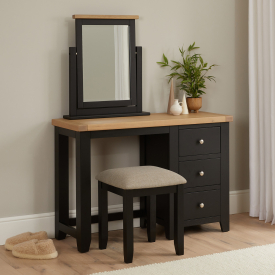 Cheshire Black Painted Oak Pedestal Dressing Table Set with Mirror and Stool