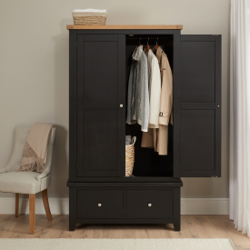 Cheshire Black Painted Oak Double 2 Door Wardrobe with 2 Drawers