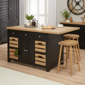 Cheshire Black Painted Oak Kitchen Island with Bar Table Top (4 Seater)