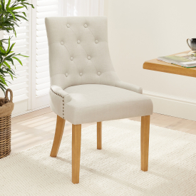 Luxury Natural Linen Fabric Scoop Back Dining Chair – Natural Oak Legs