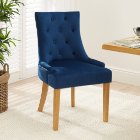 Luxury Blue Velvet Scoop Back Dining Chair – Natural Oak Legs