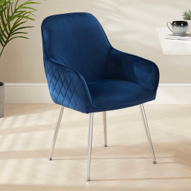 Savoy Blue Velvet Carver Dining Chair with Chrome Legs