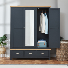 Cotswold Charcoal Grey Painted Triple 3 Door Wardrobe with Mirror
