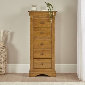 French Louis Oak 5 Drawer Tallboy Wellington Chest of Drawers