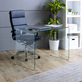 Geo-Glass Small Clear Glass Desk + High Back Designer Chair