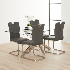 Geo Glass Dining Table with Chrome Legs and 4 Barca Dark Grey Chairs