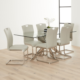 Geo Glass Dining Table with Chrome Legs and 6 Barca Light Grey Chairs