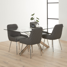 Geo Glass Dining Table with Chrome Legs and 4 Savoy Dark Grey Chairs